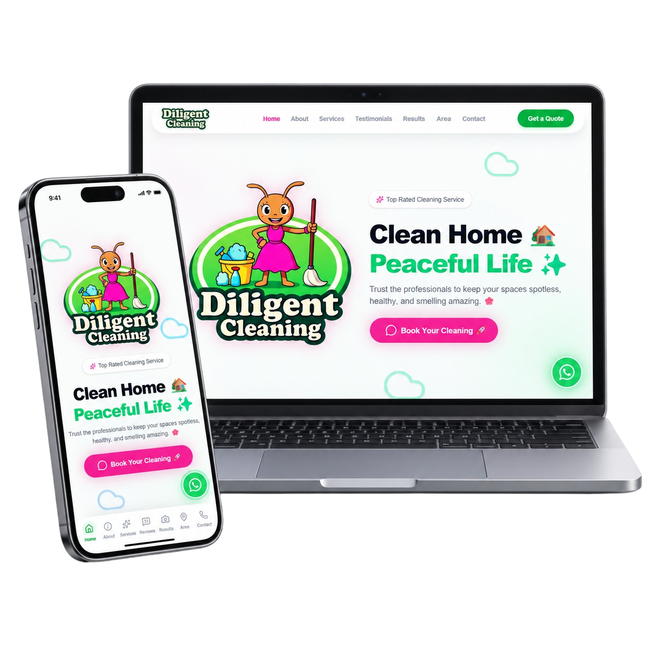 Diligent Cleaning Expert - Mockup en PC y Móvil
