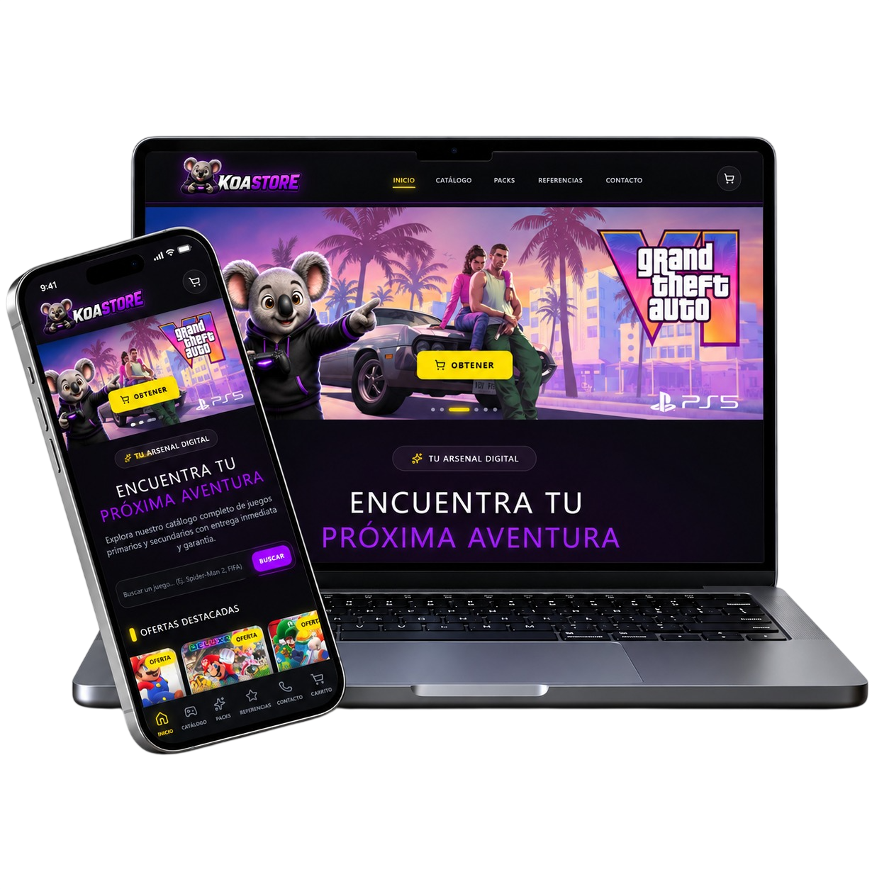 KoaStore - Mockup en PC y Móvil
